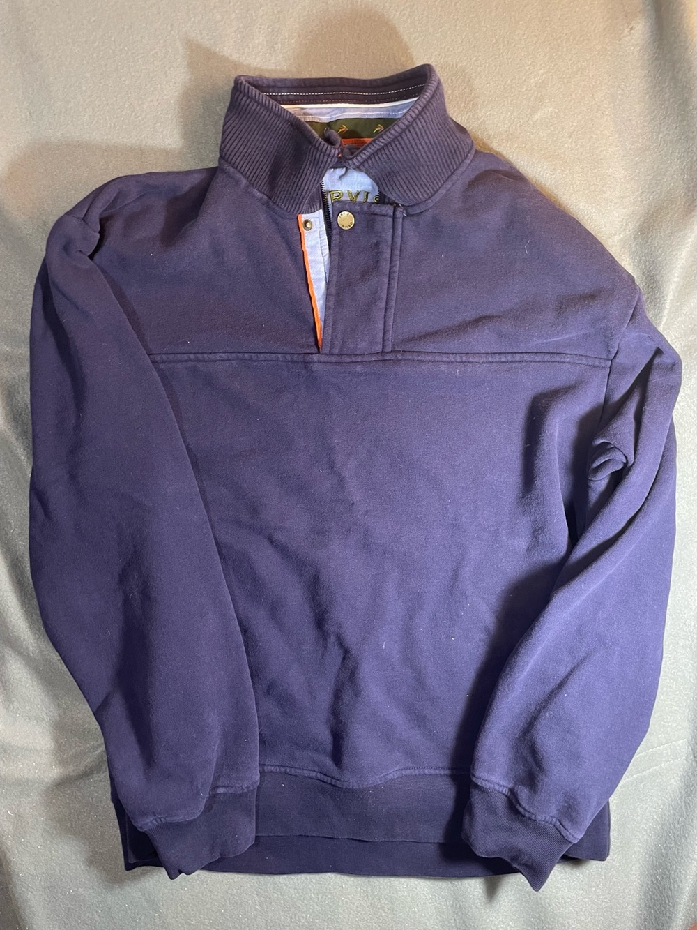 Orvis Men’s Navy Blue Quarter Zip Snap Mock Neck Sweatshirt Flu Fishing Trim -M